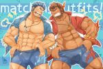  2boys abs bara bare_pectorals blue_eyes blue_hair blue_jacket blue_male_swimwear blush brown_hair bulge chest_hair commentary_request dark-skinned_male dark_skin erection erection_under_clothes facial_hair fins fire fish_boy hand_under_clothes highres jacket jewelry jinn_(housamo) kontahsm lamp large_pectorals leg_hair long_sideburns male_focus male_swimwear mature_male multiple_boys muscular muscular_male navel navel_hair necklace nipples open_clothes open_jacket pectorals red_jacket sharp_teeth shell_necklace short_hair sideburns stomach stubble swim_briefs teeth thick_eyebrows thick_thighs thighs tokyo_afterschool_summoners track_jacket triton_(housamo) unibrow 