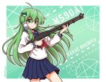  1girl ahoge bangs blue_serafuku blue_skirt blush border breasts character_name commentary_request eyebrows_visible_through_hair finger_on_trigger frog_hair_ornament green_background green_eyes green_hair gun hair_ornament highres holding holding_gun holding_weapon kochiya_sanae large_breasts long_hair long_sleeves looking_at_viewer mossberg_590 pleated_skirt red_neckwear school_uniform serafuku shiny shiny_hair shirt shitacemayo shotgun skirt smile snake_hair_ornament solo sparkle standing star_(symbol) thighs touhou trigger_discipline twitter_username weapon white_shirt 