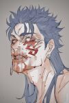  1boy absurdres adam&#039;s_apple angry blood blood_on_face blue_hair clenched_teeth close-up cu_chulainn_(fate) cu_chulainn_alter_(fate/grand_order) earrings extra_eyes facepaint fang fate/grand_order fate_(series) grey_background highres jewelry long_hair looking_at_viewer male_focus moyashi_san4 red_eyes saliva simple_background slit_pupils solo spiked_hair teeth veins 