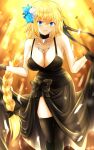  1girl bangs bare_shoulders black_dress black_gloves black_legwear blonde_hair blue_eyes blush braid braided_ponytail breasts choker cleavage collarbone commentary_request dress fate/apocrypha fate/grand_order fate_(series) flower gloves hair_flower hair_ornament heroic_spirit_formal_dress highres ilsa34660285 jeanne_d&#039;arc_(fate) jeanne_d&#039;arc_(fate/apocrypha) jewelry large_breasts long_hair looking_at_viewer necklace open_mouth smile solo thighhighs thighs very_long_hair 