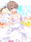  1girl :d bangs bare_shoulders blue_eyes blurry blurry_background blush bow breasts brown_hair commentary_request depth_of_field dress eyebrows_visible_through_hair fuuna hair_between_eyes hair_bow highres kantai_collection kazagumo_(kancolle) long_hair looking_at_viewer pleated_dress ponytail see-through sidelocks sleeveless sleeveless_dress small_breasts smile solo wedding_dress white_bow white_dress 