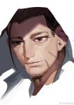  1boy black_eyes black_hair commentary_request cropped_shoulders face facial_hair goatee golden_kamuy hair_slicked_back hair_strand highres lips male_focus midomido ogata_hyakunosuke scar scar_on_cheek scar_on_face short_hair sideburns smile solo stitches stubble undercut 