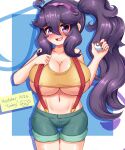  1girl @_@ alternate_breast_size breasts cosplay hairband hex_maniac_(pokemon) highres holding holding_poke_ball huge_breasts inktober messy_hair misty_(pokemon) misty_(pokemon)_(cosplay) mud_(artist) nipple_slip nipples overalls poke_ball poke_ball_(basic) pokemon pokemon_(anime) pokemon_(classic_anime) pokemon_(game) pokemon_xy purple_hairband shirt shorts solo yellow_shirt yellow_shorts 