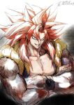  1boy bangs blue_eyes body_fur crossed_arms dated dragon_ball dragon_ball_gt gogeta grin highres large_pectorals long_hair looking_at_viewer male_focus metamoran_vest muscular muscular_male pectoral_cleavage pectorals red_hair shin_(sinsin12121) signature simple_background smile solo spiked_hair super_saiyan super_saiyan_4 thick_eyebrows twitter_username unfinished upper_body 