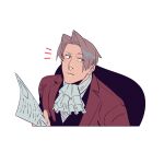  1boy ace_attorney ascot bangs blush commentary_request cropped_torso green_(grimy) highres light_brown_hair male_focus miles_edgeworth parted_bangs red_suit short_hair sideburns solo white_background 