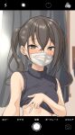  1girl absurdres bangs bare_arms bare_shoulders black_sweater blush breasts brown_eyes clothes_lift commentary_request curtains eyebrows_visible_through_hair hair_between_eyes heart heart-shaped_pupils highres idolmaster idolmaster_cinderella_girls idolmaster_cinderella_girls_starlight_stage long_hair looking_at_viewer mask mitsumine_raimu mouth_mask selfie sleeveless sleeveless_sweater sleeveless_turtleneck small_breasts solo sunazuka_akira surgical_mask sweater sweater_lift symbol-shaped_pupils turtleneck turtleneck_sweater twintails upper_body 