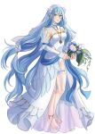  1girl absurdres alternate_costume anklet azura_(fire_emblem) bare_shoulders barefoot blue_hair bouquet bride dress fire_emblem fire_emblem_fates flower garter_belt highres jewelry leg_garter long_hair looking_at_viewer see-through smile tamafry veil very_long_hair wedding_dress white_background white_dress white_flower white_sleeves yellow_eyes 