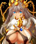  1girl bangs bare_shoulders blue_eyes breasts broken broken_chain center_opening chain cleavage crown cuffs dress earrings elbow_gloves fate/grand_order fate_(series) gloves grey_hair halterneck hasebe_akira jewelry large_breasts long_hair looking_at_viewer neck_ring pointing pointing_at_viewer sparkle white_dress white_gloves zenobia_(fate) 