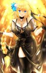  1girl bangs bare_shoulders black_dress black_gloves black_legwear blonde_hair blue_eyes blush braid braided_ponytail breasts choker cleavage collarbone commentary_request dress fate/apocrypha fate/grand_order fate_(series) flower gloves hair_flower hair_ornament heroic_spirit_formal_dress highres ilsa34660285 jeanne_d&#039;arc_(fate) jeanne_d&#039;arc_(fate/apocrypha) jewelry large_breasts long_hair looking_at_viewer necklace open_mouth smile solo thighhighs thighs very_long_hair 