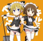  2girls ahoge alternate_costume apron black_shirt black_skirt blonde_hair blue_eyes brown_eyes brown_hair bucket commentary_request copyright_name cowboy_shot enmaided frilled_apron frilled_shirt frilled_skirt frills hair_ribbon ki_(adotadot) kill_me_baby long_hair looking_at_viewer maid maid_headdress mop multiple_girls orange_background oribe_yasuna panties ribbon shirt shoes short_hair simple_background skirt sleeveless sleeveless_shirt sonya_(kill_me_baby) striped striped_panties thighhighs underwear waist_apron white_apron white_legwear 