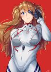  1girl bangs blue_eyes blush bodysuit breasts commentary_request covered_navel evangelion:_3.0+1.0_thrice_upon_a_time eyebrows_visible_through_hair eyepatch hair_between_eyes hair_ornament highres long_hair looking_at_viewer medium_breasts neon_genesis_evangelion pilot_suit plugsuit rebuild_of_evangelion red_background signature smile solo souryuu_asuka_langley white_bodysuit yuuyu_(sun_yuu) 