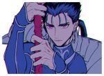  1boy angry blue_hair blurry closed_mouth cu_chulainn_(fate) cu_chulainn_(fate/stay_night) earrings fate/stay_night fate_(series) gae_bolg_(fate) holding holding_polearm holding_weapon jewelry long_hair looking_at_viewer male_focus polearm ponytail red_eyes simple_background slit_pupils solo spiked_hair uni_(nico02) weapon 