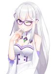  1girl bangs bare_shoulders bespectacled braid breasts cleavage crown_braid emilia_(re:zero) eyebrows_visible_through_hair flower gem glasses grey_background hair_flower hair_ornament hair_ribbon hand_up highres large_breasts long_hair long_sleeves ma_a_(xc38b) one_eye_closed purple-framed_eyewear purple_eyes purple_ribbon re:zero_kara_hajimeru_isekai_seikatsu ribbon shiny shiny_hair shiny_skin simple_background smile solo upper_body white_flower 