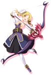  1girl archer_(disgaea) archer_(disgaea)_(cosplay) blonde_hair blush bow breasts cosplay disgaea drill_hair eyebrows_visible_through_hair hair_ornament hairpin iwashi_dorobou_-r- large_breasts looking_at_viewer magical_girl mahou_shoujo_madoka_magica open_mouth pleated_skirt skirt smile solo tomoe_mami twin_drills weapon yellow_eyes 