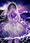  1girl achiki black_hair blush bouquet bridal_veil cloud commentary_request dress dutch_angle flower grin hands_up highres holding holding_bouquet horizon looking_at_viewer ocean original outdoors purple_ribbon ribbon rose see-through see-through_sleeves short_hair smile solo veil wading water wedding_dress white_dress 
