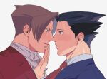  2boys ace_attorney ascot bangs blush commentary_request cropped_torso eye_contact finger_to_another&#039;s_mouth from_side green_(grimy) imminent_kiss light_brown_hair looking_at_another male_focus miles_edgeworth multiple_boys necktie noses_touching parted_bangs phoenix_wright short_hair sideburns spiked_hair white_background yaoi 