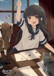  1girl aoshima_sakana bangs black_hair blue_neckerchief blue_sailor_collar blunt_bangs brown_eyes cat cat_teaser collared_shirt commentary_request curtains desk hatsuyuki_(kancolle) highres hime_cut kantai_collection long_hair motion_blur neckerchief open_clothes open_shirt paper sailor_collar school_uniform serafuku shirt spill table twitter_username window 