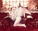  1girl angel_wings armchair ass blush bobby_socks chair dated feathered_wings full_body highres kneeling koishikawa_kohane long_hair looking_at_viewer looking_back oyari_ashito pale_skin parted_lips period period_sweet_drops red_eyes redrawn signature socks solo wavy_hair white_hair white_wings window wings 