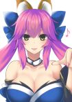  1girl animal_ear_fluff animal_ears bangs blue_kimono blue_ribbon breasts chokoin cleavage collarbone detached_sleeves eyebrows_visible_through_hair fate/extella fate/extra fate/extra_ccc fate/grand_order fate_(series) fox_ears fox_girl hair_ribbon japanese_clothes kimono large_breasts looking_at_viewer musical_note nail_polish open_mouth pink_hair ribbon simple_background solo tamamo_(fate) tamamo_no_mae_(fate/extra) white_background yellow_eyes 