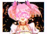  1girl abstract_background arms_at_sides black_background border cherry_blossoms choker chromatic_aberration close-up collarbone commentary_request covered_eyes face facing_viewer flat_chest floating_hair flower flower_over_eyes frills hair_ribbon kaname_madoka lether mahou_shoujo_madoka_magica open_mouth outline pink_flower pink_hair pink_ribbon pink_theme puffy_short_sleeves puffy_sleeves red_choker red_ribbon ribbon ribbon_choker shiny shiny_hair short_sleeves short_twintails simple_background smile solo soul_gem teeth twintails upper_body upper_teeth white_border white_flower white_outline 