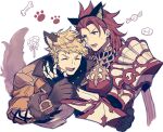  2boys animal_costume animal_ears armor blonde_hair closed_eyes fake_animal_ears fangs fangs_out fur_collar gauntlets granblue_fantasy halloween_costume jacket kingyo_114 looking_at_another male_focus multiple_boys official_alternate_costume open_clothes open_jacket open_mouth percival_(granblue_fantasy) red_armor red_eyes red_hair shirt short_hair smile tail vane_(granblue_fantasy) white_background white_shirt wolf_costume wolf_ears wolf_paws wolf_tail 