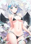  1girl aqua_eyes bangs bare_arms bare_shoulders barefoot bat bikini black_bikini black_bow black_bowtie blush bow bowtie breasts breasts_apart butterfly_hair_ornament candy closed_mouth cloud demon_girl demon_tail demon_wings eyebrows_visible_through_hair food frilled_bikini frills frown full_moon hair_ornament halloween highres kyariko leg_up lollipop looking_at_viewer medium_breasts micro_bikini moon navel original outdoors purple_sky short_hair silver_hair slit_pupils solo star_(symbol) stomach swimsuit tail thigh_strap underboob wings 