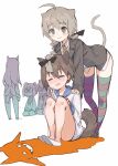  5girls :d ahoge animal_ears bent_over black_bow blue_sailor_collar blush bow braid brown_hair cat_ears cat_tail character_request closed_eyes closed_mouth different_shadow dog_ears dog_tail grey_jacket hair_bow jacket long_hair long_sleeves lynette_bishop miyafuji_yoshika multiple_girls necktie sailor_collar school_uniform serafuku shirt sitting smile souji_hougu strike_witches striped striped_legwear tail thighhighs white_background white_shirt world_witches_series yellow_necktie 