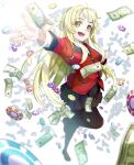  1girl :d absurdres bang_dream! bangs black_legwear blazer blonde_hair bloom breasts collared_shirt commentary commission cosplay crossover dollar_bill eyebrows_visible_through_hair from_above full_body highres hyakkaou_academy_uniform jacket kakegurui loafers long_hair long_sleeves looking_at_viewer m.tokotsu miniskirt money money_rain open_mouth outstretched_arms pantyhose pixiv_request pleated_skirt poker_chip red_jacket school_uniform shirt shoes sidelocks skirt sleeve_cuffs small_breasts smile solo standing teeth tsurumaki_kokoro upper_teeth white_background white_shirt wing_collar yellow_eyes 