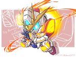  blue_eyes chibi clenched_hand fire glowing glowing_eye glowing_hand gundam gundam_build_fighters gundam_build_fighters_try looking_down mecha mobile_suit no_humans open_hand science_fiction shokkaa_(shmz61312) solo try_burning_gundam v-fin 
