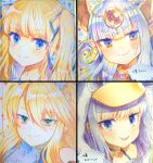  4girls akirannu animal_hood artoria_pendragon_(fate) artoria_pendragon_(swimsuit_ruler)_(fate) bangs bare_shoulders blonde_hair blue_eyes blue_ribbon closed_mouth collarbone commentary_request copyright_request eyebrows_visible_through_hair fang fang_out fate/grand_order fate_(series) hair_between_eyes hair_ribbon headpiece highres hood hood_up horns meltryllis_(fate) meltryllis_(swimsuit_lancer)_(fate) multiple_girls penguin_hood pointy_ears portrait purple_eyes purple_hair ribbon sailor_collar shikishi silver_hair smile thick_eyebrows white_sailor_collar 
