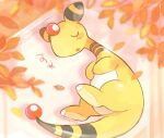  ampharos blush_stickers closed_eyes commentary_request from_above leaf lying no_humans on_side pokemon pokemon_(creature) signature sleeping solo tansho 