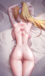  1girl absurdres ass back back_tattoo backboob bed bed_sheet bianka_durandal_ataegina blonde_hair breasts censored chamuhz chinese_commentary commentary_request hair_ornament highres honkai_(series) honkai_impact_3rd large_breasts long_hair lying nude on_stomach ponytail pussy sideboob solo tattoo 