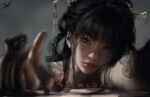  1girl artist_name bangs black_hair blurry blurry_foreground brown_eyes chipmunk close-up dragon_tattoo ghostblade grey_background hair_ornament highres jade_(ghostblade) lips neck_tattoo patreon_username realistic short_hair solo squirrel tattoo watermark web_address wlop 