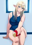  1girl bangs blonde_hair blue_eyes blue_swimsuit breasts commentary_request elf elf-san_wa_yaserarenai. erufuda-san eyebrows_visible_through_hair food food_on_face french_fries highres large_breasts long_hair looking_at_viewer one-piece_swimsuit pointy_ears sitting smile solo swimsuit synecdoche 