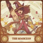  1boy armor bangs brown_eyes brown_hair card_(medium) falling_petals hand_up hat looking_at_viewer male_focus mazjojo muscular muscular_male open_mouth original petals red_scarf scarf short_hair solo star_(symbol) sword tarot the_magician_(tarot) weapon witch_hat 