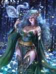  1girl bare_shoulders boots breasts cape character_name cleavage copyright_name curly_hair detached_sleeves dragon dress earrings english_commentary final_fantasy final_fantasy_iv forest green_cape green_dress green_eyes green_footwear green_hair green_sleeves hair_ornament highres jewelry long_hair medium_breasts mini_dragon nature reward_available rydia_(ff4) side_slit sleeveless sleeveless_dress solo strapless strapless_dress thigh_boots thighhighs wide_sleeves yam_spectrum 
