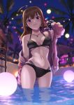  1girl ahoge alternate_hairstyle balloon bangs beach_umbrella bikini black_bikini blue_scrunchie blurry blurry_background breasts brown_hair closed_mouth commentary depth_of_field grey_jacket hair_down hand_in_hair idolmaster idolmaster_million_live! jacket jewelry kamille_(vcx68) long_hair long_sleeves looking_at_viewer medium_breasts multi-strapped_bikini navel necklace night night_sky no_pants off_shoulder open_clothes open_jacket palm_tree pool print_scrunchie purple_eyes scrunchie sky smile solo standing star_(sky) star_(symbol) star_print starry_sky string_of_light_bulbs swimsuit tree umbrella wading water wrist_scrunchie yokoyama_nao 