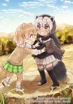  2girls animal_ears black-tailed_prairie_dog_(kemono_friends) black_footwear black_shirt blush boots brown_eyes brown_fur brown_hair brown_jacket brown_legwear brown_sweater collared_shirt commentary_request eyebrows_visible_through_hair full_body fur_collar fur_trim green_skirt grey_skirt highres jacket jacket_on_shoulders kemono_friends kemono_friends_3 light_brown_hair long_hair long_sleeves multicolored_hair multiple_girls official_art plaid plaid_skirt pleated_skirt sakura_oriko scar scar_on_face shirt short_hair skirt sweater tail thigh_boots thighhighs translation_request white_fur white_hair wolverine_(kemono_friends) zettai_ryouiki 