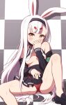  1girl animal_ears ass azur_lane bikini bikini_bottom bikini_over_clothes black_footwear black_jacket black_skirt blush breasts brown_eyes checkered checkered_background checkered_floor clothes_lift covering_mouth hairband hand_on_own_stomach hand_to_own_mouth highres jacket knee_up legs lifted_by_self long_hair looking_at_viewer off_shoulder rabbit_ears red_bikini shimakaze_(azur_lane) shirt shirt_lift shoes sitting sizque skirt small_breasts solo spread_legs swimsuit swimsuit_over_clothes thighs very_long_hair white_hair white_shirt 
