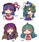  4girls bangs blush bow breasts closed_eyes confession cross-laced_clothes curly_hair dark_blue_hair eyebrows_visible_through_hair finger_to_mouth flower frilled_shirt_collar frills gradient_hair green_eyes green_hair hair_between_eyes happy hat hat_bow hat_ribbon highres hijiri_byakuren kariyushi_shirt komano_aunn large_breasts long_hair long_sleeves mima_(touhou) multicolored_hair multiple_girls nagae_iku open_mouth pink_shirt purple_hair red_bow red_eyes red_shirt ribbon shirt short_hair short_sleeves simple_background sweatdrop tongue tongue_out touhou touhou_(pc-98) translation_request unime_seaflower upper_body white_background witch_hat yellow_neckwear 