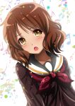  1girl ai_wa_muteki beamed_eighth_notes beamed_sixteenth_notes brown_eyes brown_hair brown_serafuku commentary_request eighth_note hibike!_euphonium kitauji_high_school_uniform musical_note neckerchief oumae_kumiko pink_neckerchief quarter_note sailor_collar school_uniform short_hair solo upper_body wavy_hair white_background white_sailor_collar 