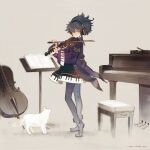  1girl black_hair boots bow_(music) cat cello coat dated dress eiyuu_senki full_body grey_eyes headphones highres instrument ludwig_van_beethoven_(eiyuu_senki) messy_hair music music_stand oyari_ashito pantyhose piano piano_bench piano_print playing_instrument short_hair signature smile violin white_cat 