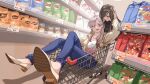  2girls absurdres ahoge andie anpanman bangs black_legwear breast_grab chips commentary_request denim food grabbing hair_over_one_eye highres in_shopping_cart jeans long_hair multiple_girls nijisanji pants potato_chips red_eyes shirayuki_tomoe shirt shopping shopping_cart silver_hair sitting sukoya_kana supermarket sweater virtual_youtuber white_hair yuri 