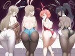  4girls akane_(blue_archive) animal_ears annoyed ass asuna_(blue_archive) back backboob bare_legs bare_shoulders barefoot bedside bent_over black_hair black_leotard blue_archive blue_bow blue_bowtie blue_eyes blue_leotard blush bow bowtie braid breasts brown_eyes brown_hair closed_mouth dark-skinned_female dark_skin fake_animal_ears fake_tail feet_out_of_frame fishnet_legwear fishnets from_behind glasses haeil2 halo hand_on_own_ass highres karin_(blue_archive) large_breasts leaning_forward legs leotard light_brown_hair long_hair looking_at_viewer looking_back multiple_girls neru_(blue_archive) open_mouth orange_hair pantyhose playboy_bunny purple_background rabbit_ears rabbit_tail red_eyes shoulder_blades simple_background smile tail thigh_gap thighband_pantyhose thighs very_long_hair white_legwear yellow_eyes 