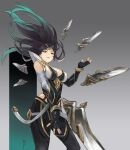  1girl absurdres bare_shoulders black_hair blurry blurry_foreground breasts chinese_commentary cleavage closed_mouth fingerless_gloves floating floating_hair floating_object floating_weapon gem gloves gold_trim gradient gradient_background green_eyes green_hair hand_up highres irelia jewelry knife lan_xiezi league_of_legends multicolored_hair signature solo streaked_hair two-tone_hair weapon 