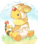  ampharos black_eyes blush closed_mouth commentary_request cosplay day full_body looking_down no_humans outdoors pokemon pokemon_(creature) pokemon_ears pokemon_tail signature sitting smile solo tail tansho yamper yamper_(cosplay) 