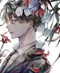  1boy absurdres brown_eyes brown_hair crying crying_with_eyes_open flower formal highres looking_down male_focus original orokudesu petals profile short_hair sidelocks solo spider_lily suit tears tulip white_background 