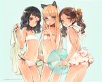 3girls animal_ears aqua_background ass back_bow ball bandeau bare_shoulders beachball bikini black_hair black_ribbon blonde_hair blue_eyes blush bow brown_eyes brown_hair casual_one-piece_swimsuit cat_ears choker collar commentary dated ema_(shirotsume_souwa) english_commentary finger_to_mouth flat_chest frilled_swimsuit frills grey_eyes hair_ribbon highres long_hair looking_at_viewer medium_hair mixed-language_commentary multiple_girls one-piece_swimsuit open_mouth orange_ribbon oyari_ashito petite red_collar redrawn ribbon ribbon_choker sayu_(shirotsume_souwa) shirotsume_souwa side-tie_bikini signature simple_background smile swimsuit touka_(shirotsume_souwa) towel twintails wavy_hair white_swimsuit 