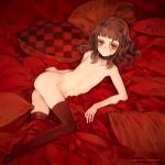  1girl arm_support bangs bed_sheet blunt_bangs blush brown_eyes brown_hair checkered checkered_pillow choker dated english_commentary flat_chest highres lace lace_choker looking_at_viewer lying medium_hair nipples nude on_side oyari_ashito petite photoshop_(medium) pillow red_theme redrawn shirotsume_souwa signature smile solo thighhighs touka_(shirotsume_souwa) wavy_hair 