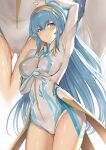  1girl arm_up armpits ass_visible_through_thighs bangs beatmania beatmania_iidx blue_eyes blue_hair breasts circlet covered_armpit covered_nipples cuvelia eyebrows_visible_through_hair hakaba_(dairiseki) highres large_breasts leotard long_hair looking_at_viewer multiple_views parted_lips projected_inset simple_background sweat thighs very_long_hair white_leotard 